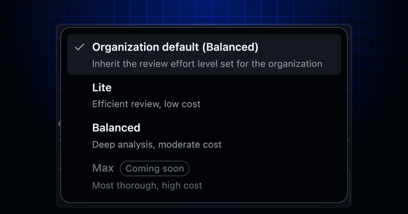 GitHub 공식 발표에 실린 Default Balanced 코드 리뷰 설정 화면