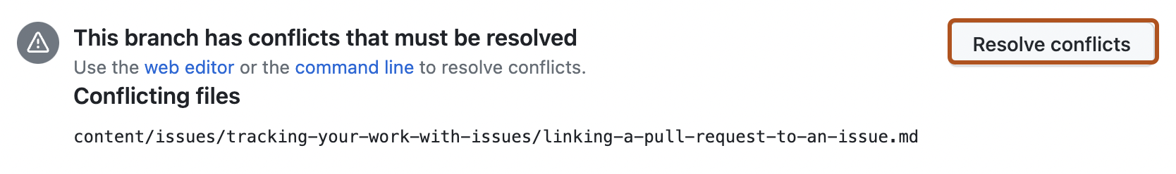 GitHub 웹 UI에서 merge conflict를 해결할 때 나타나는 Resolve conflicts 버튼 (GitHub 공식 문서 화면)
